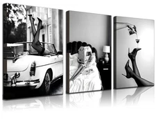 Set of 3 Framed Stylish Women Reading Newspaper Before Bed Wall Art, High Hee...