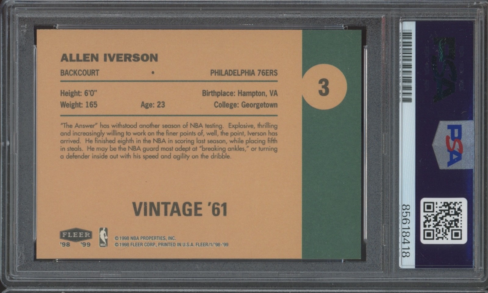 1998 Fleer Tradition Vintage '61 #3 Allen Iverson PSA DNA Authentic Auto  view 2