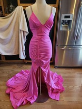 Hot Pink Beaded Spaghetti Strap Satin Prom Dresses with Slit Mermaid Pleated...