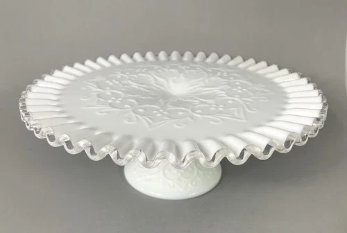 Vintage Fenton Spanish Lace Silver Crest Milk Glass Pedestal Cake Stand