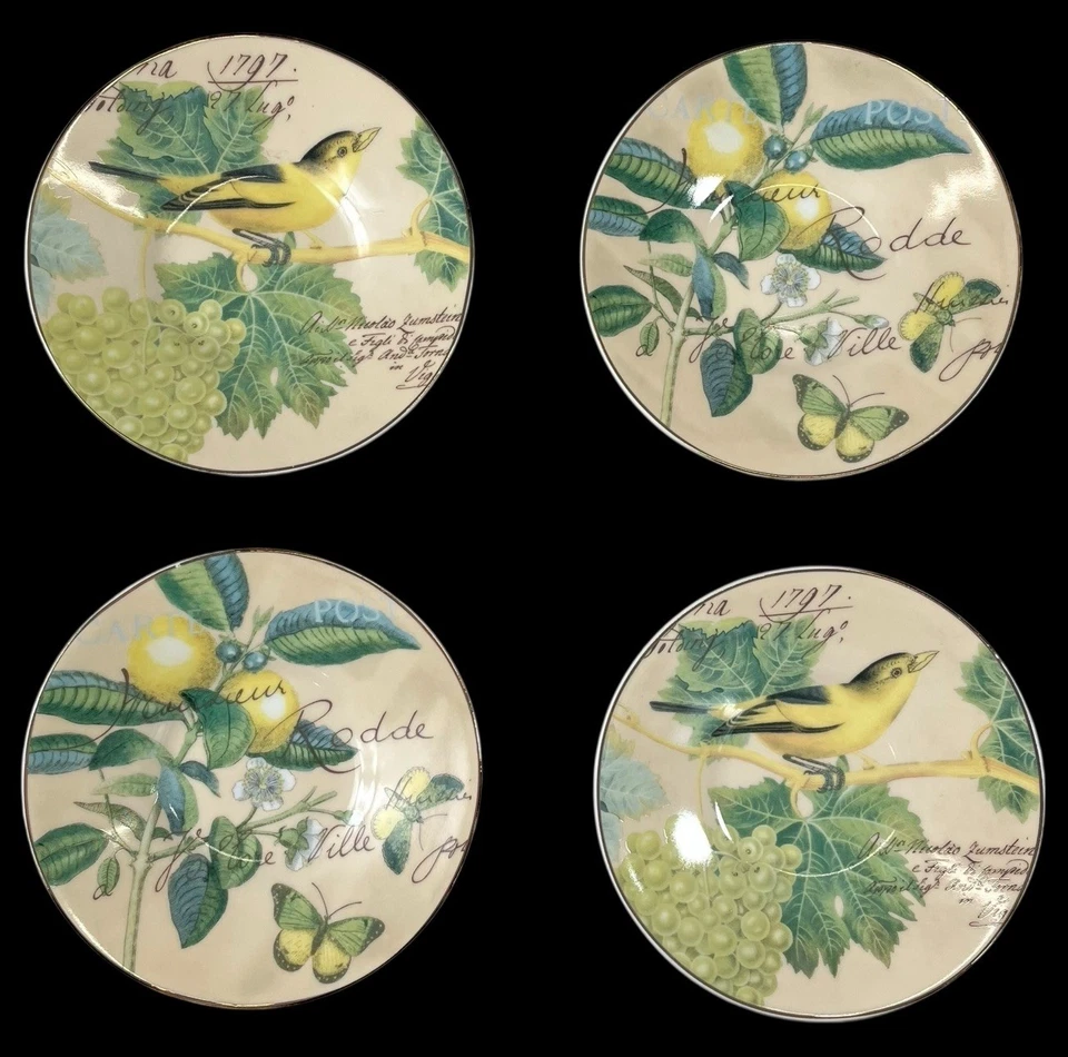 Grace's Teaware 黄色绿色鸟类和蝴蝶 S/4 浓缩咖啡杯和茶碟 全新 — 第 4/4 张图片