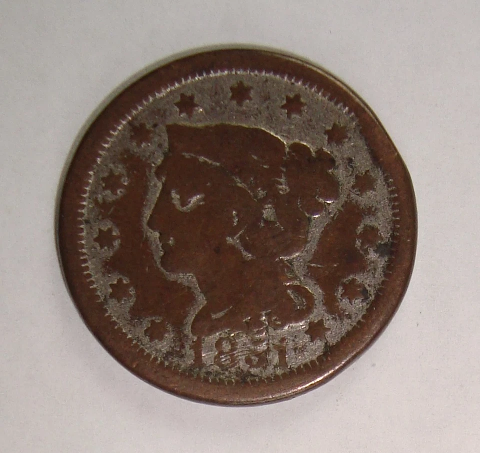 1851 cabelo trançado cobre centavo grande - ficha de bordel - Muito bom estado - Imagem 2 de 3