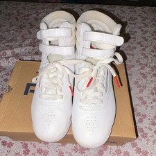Reebok Freestyle Women s White/Blue/Red High Top Lace-Up Sneakers Logo CN2964