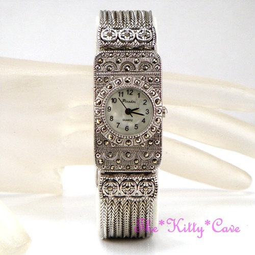 Silver Chic Victorian Deco Baroque Regency Gothic Marcasite Chain Bracelet Watch - Imagen 1 de 12