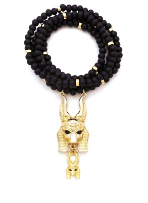 Egyptian Anubis Head Pendant Necklace With 30 Wood Beads - Hip Hop Style Chain, RC2391