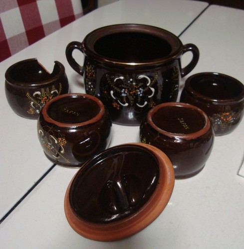 Olla vintage japonesa Redware Moriage marrón arroz crock frijoles con tapa 4 tazones (1 roto) - Imagen 3 de 11