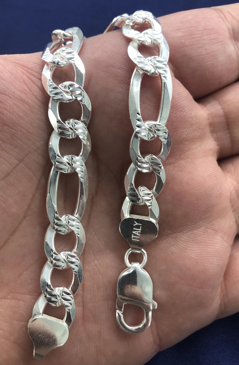 Solid 925 Sterling Silver 10MM Diamond Cut Pave Figaro Chain