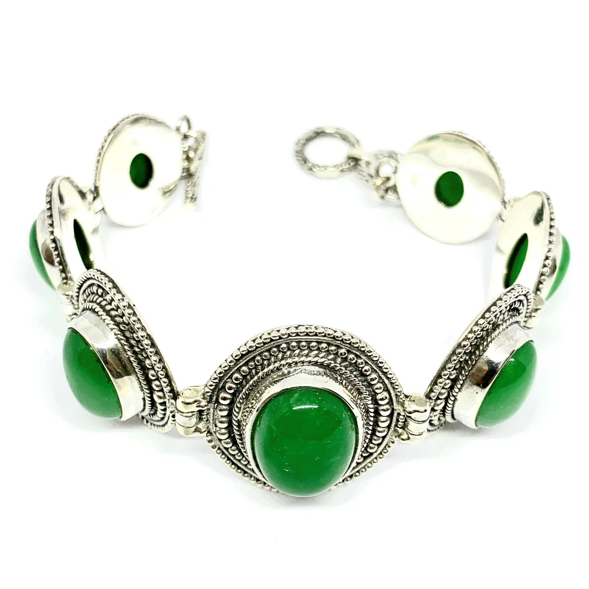Green JADE Bracelet DESIGNER 925 Sterling Silver LINK Bracelet 7.5 8 Inch
