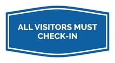 Large Blue "All Visitors Must Check-In" Sign Bold and Visible Design