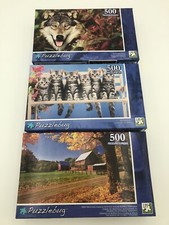 Lot Of 3 Puzzlebug 500 Pc Farm, Cats, Wolf No Missing Pieces See Pics
