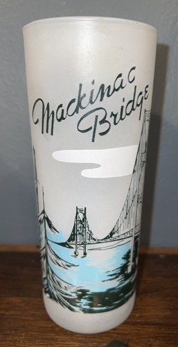 Vintage Mackinac Bridge Frosted Souvenir Glass 1950s Michigan Mackinaw Straits - Picture 2 of 8