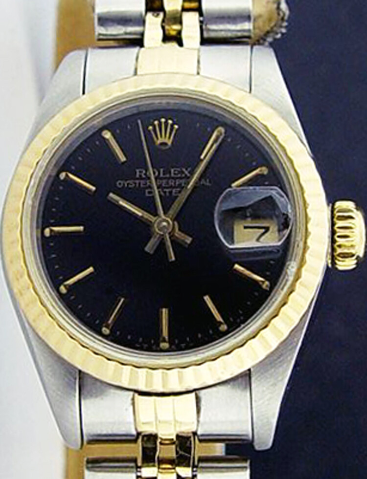 ROLEX Ladies 18kt Gold & SS 26mm DateJust Black Stick Dial 69173