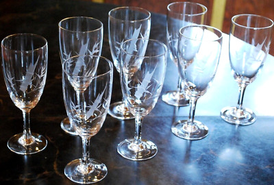 Vintage Set 8 HAND CUT ASIAN BAMBOO STEMS & LEAVES Wine Glasses 5.5'' Hand Blown