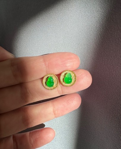 18K Gold Grade A Jadeite Jade Earrings gourd round Stud Earrings Diamond Earring - Picture 7 of 16