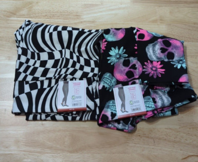 2 For $20 No Boundaries Ankle Leggings Black Geo & Floral Skulls Medium (7-9)
