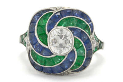Antique Old Mine Cut Diamond Sapphire Emerald Engagement Ring