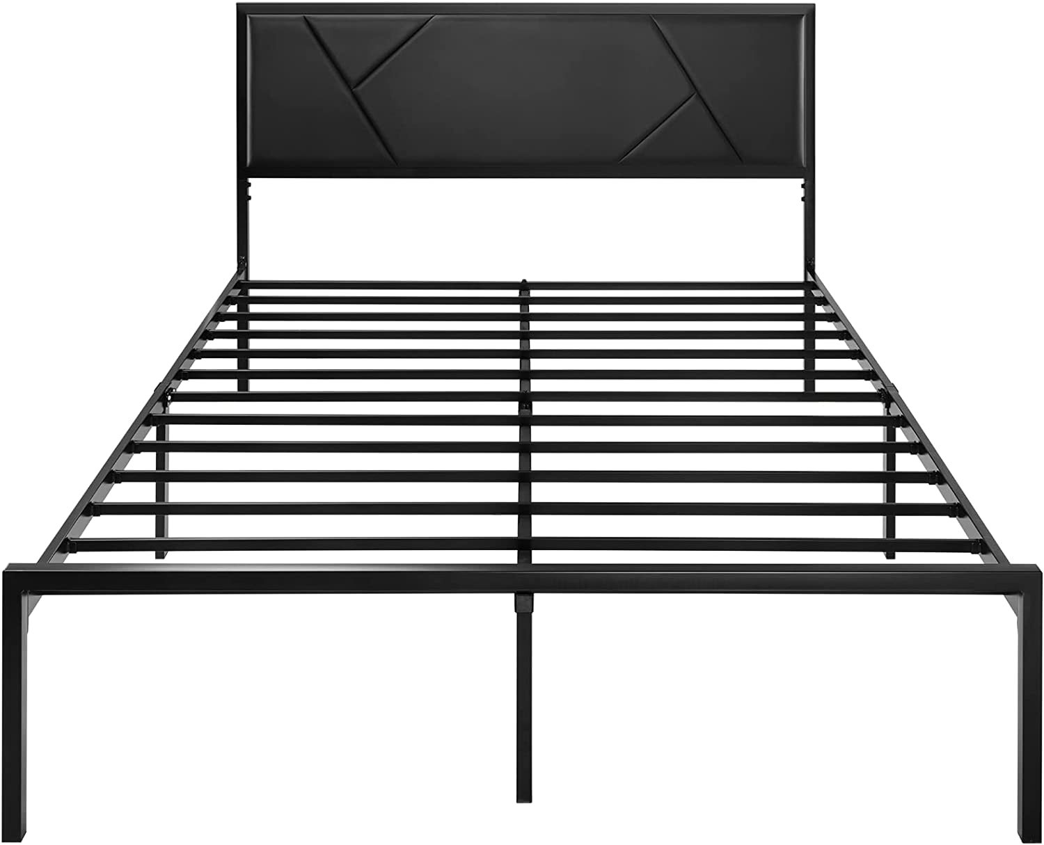 Metal Bed Frame with Geometric Litchi Grain Leather Headboard, Black