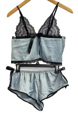 NWOT Women  s S Blue 2 Pc Nightie Lingerie Set Lace, Bow, Boy Shorts, Crop Top