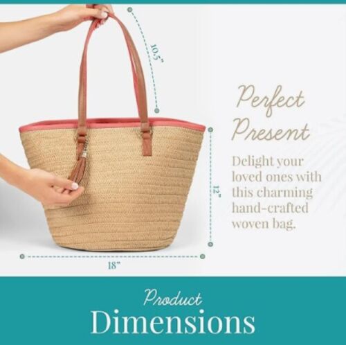 Boho Beach Life Woven Straw Tote Bag Purse Brown Leather Straps Coral Zip Top - Picture 2 of 4