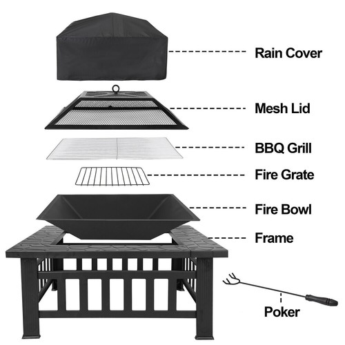 32" Wood Burning Fire Pit Outdoor Garden Patio BBQ Grill Square Stove W/ Cover - Imagen 4 de 6