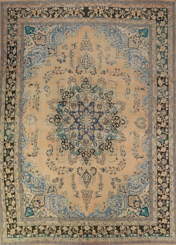 Vintage Peach Traditional Floral Mashaad Handmade Room Size Area Rug 10x13