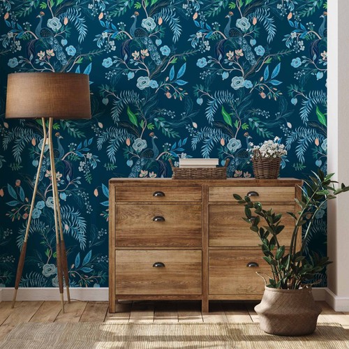Blue Peacock Floral Peel &Stick Removable Vinyl Self-Adhesive Wallpaper 17"x118" - Picture 4 of 10