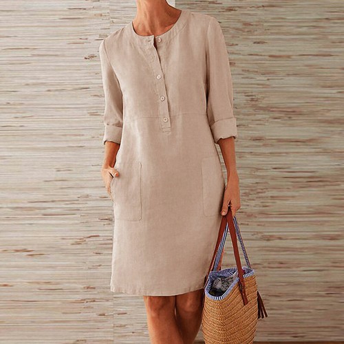 Women's Short Sleeve Cotton Linen Shirt Dress Ladies Casual Button Midi Sundress - Picture 8 of 17