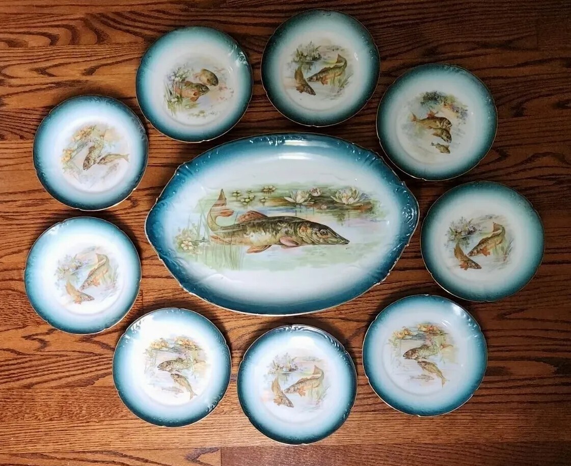 9* Joseph Schachtel Porcelain Fish Plates & Serving Platter