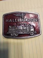 VINTAGE 1976 HALLIBURTON SERVICES OILFIELD BELT BUCKLE PEWTER 3.5" X 2.5"