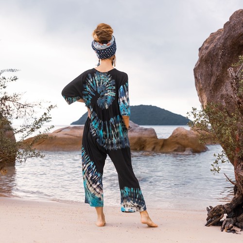 Sadie Handmade Tiedye Overall Jumpsuit Straight Leg Harem Cotton Beach Plus Size - Picture 3 of 4