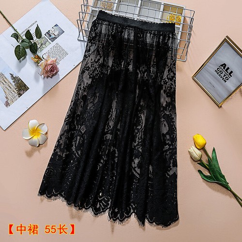 Women Hollow Out Bottom Skirt Lace Half Skirt Midi High Waist Skirt Mesh Summer - Picture 1 of 14