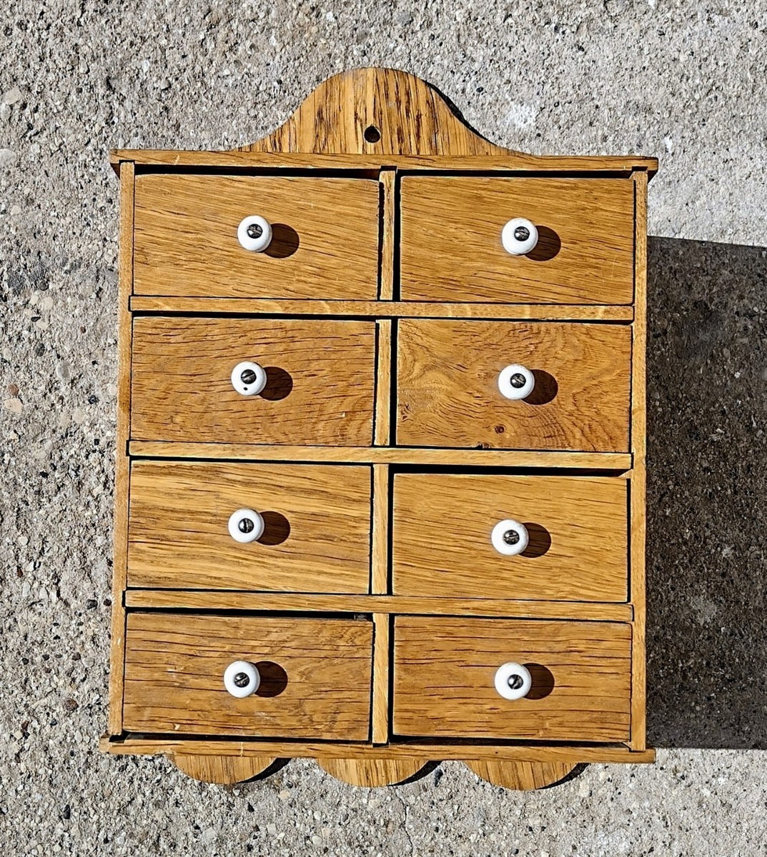 Antique Oak Wall Mount 8 Drawer Spice Cabinet, Scalloped Back