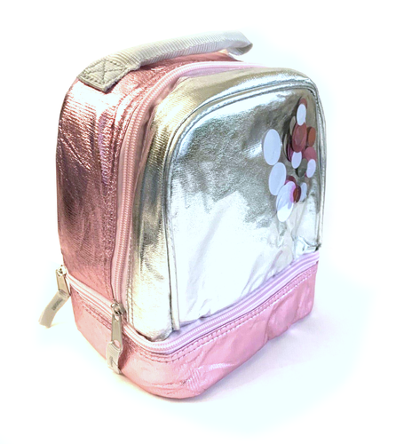 Girls Fashion Novelty Chevron Dual Compartment Drop Bottom Lunch Purple/Pink Bag - Picture 8 of 12