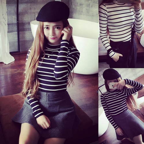 Ladies Black White Striped Turtleneck Long Sleeve Blouse Bottoming Shirt Tops