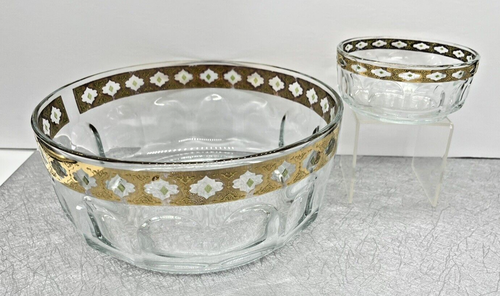Culver VALENCIA Salad Bowl + Sm. Bowl Arcoroc Gold Trim Green Diamond MCM style - Picture 1 of 24