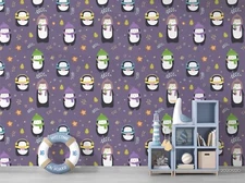 3D Penguin Pattern Purple Kids Self-adhesive Removeable Wallpaper Wall Mural
