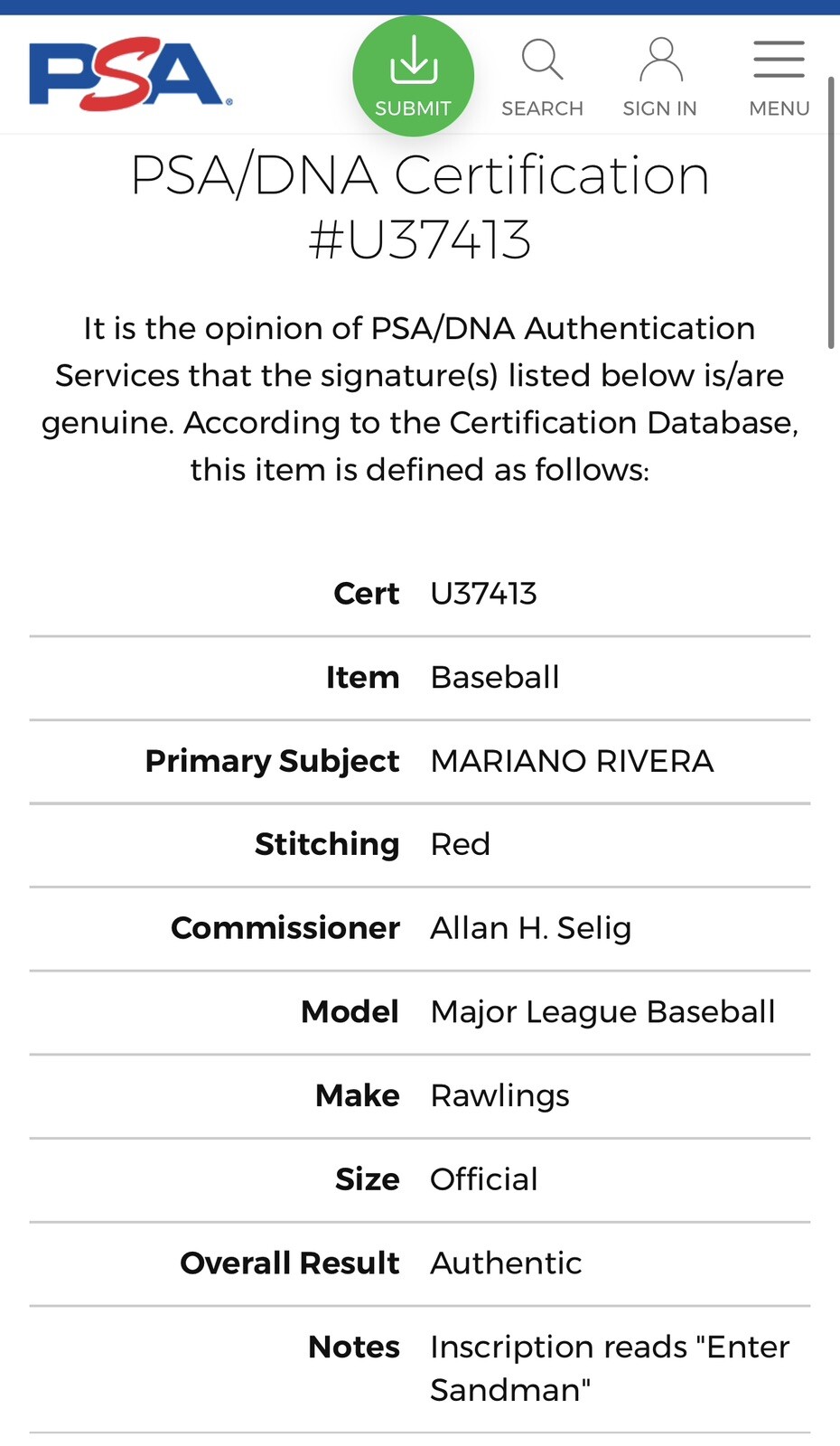 Mariano Rivera HOF 2019 PSA/DNA NY Yankees Authentic Autographed Signed Baseball view 4