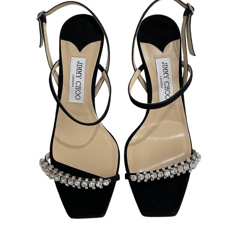 Jimmy Choo Miera Black Suede Crystal Embellished Sandals Size 39 Holiday Evening - Picture 2 of 12
