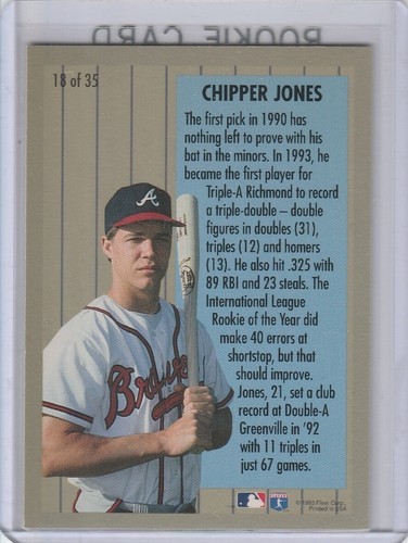 CHIPPER JONES Atlanta Brave MINOR LEAGUE PROSPECTS ROOKIE CARD Fleer Baseball RC - Bild 2 von 2
