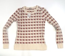 Loft XS Wool Blend Gingham Check Plaid Look Cream and Deep Rose Crewneck Sweater