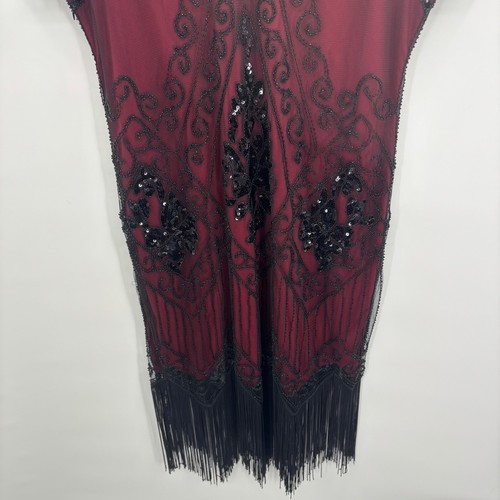 Womens Flapper Dress Burgundy Black Beaded Fringe V Neck Short Sleeve Gatsby - Picture 13 of 23