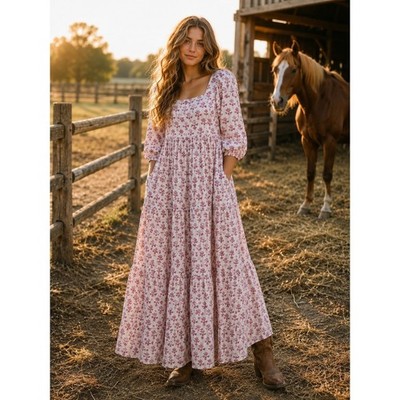 Victoria Dunn Floral Block Print Cotton Tiered Maxi Dress Puff Sleeve Sz S Pink