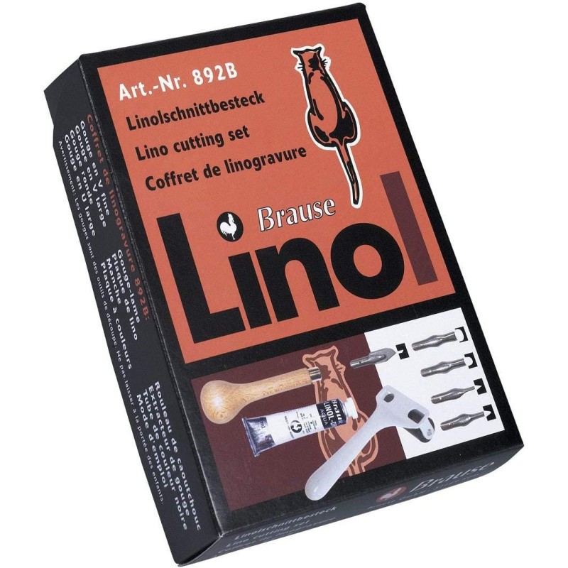Kit de linogravure anti derapage avec 5 gouges affutees et plaque linoleum tendre