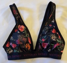 Victorias Secret Black Floral Logo Band Plunge Bikini Top Size XS NWOT