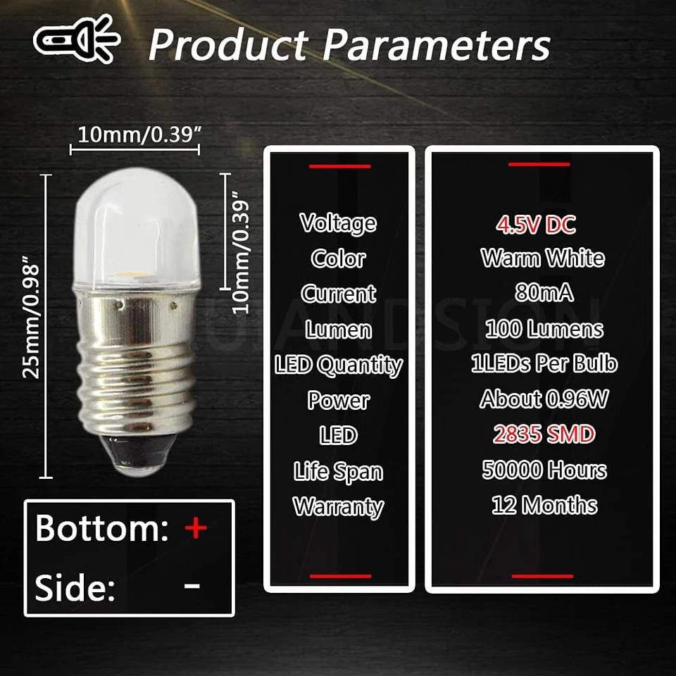 E10 Taschenlampe Miniatur Schraubbirne Warm/weiß 3V/4.5V/6V/12V Birne Lampe - Bild 3 von 4