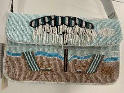 NWT Handmade India Beaded Viral, Beach umbrella Shoulder Bag, Blue,White,Tan