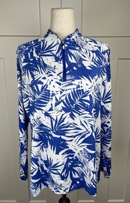 Tail Women s Blue White Tropical Palm Print 1/4 Zip Golf Pullover XL Long Sleeve