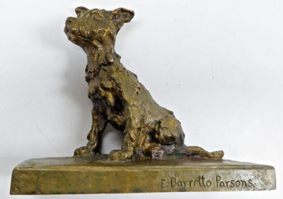 EDITH BARRETTO E.B. PARSONS BRONZE TERRIER DOG SCULPTURE BOOKEND CIRCA 1900's
