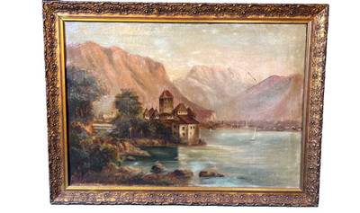 Antique 1890s Oil Painting Chillon Castle Swiss Alps Landscape Gilt Wood Frame