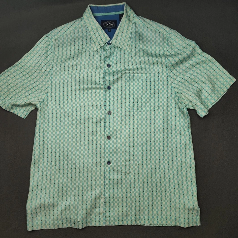Nat Nast Shirt Mens Medium Geometric Silk Blend Short Sleeve Button Up Luxury - Image 2 of 4
